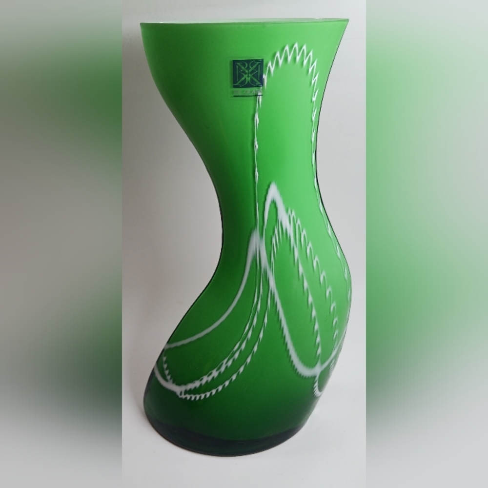 Green Art Glass 12” tall Glass vase Asymmetrical Shape/Hand Panted by BC GLASS